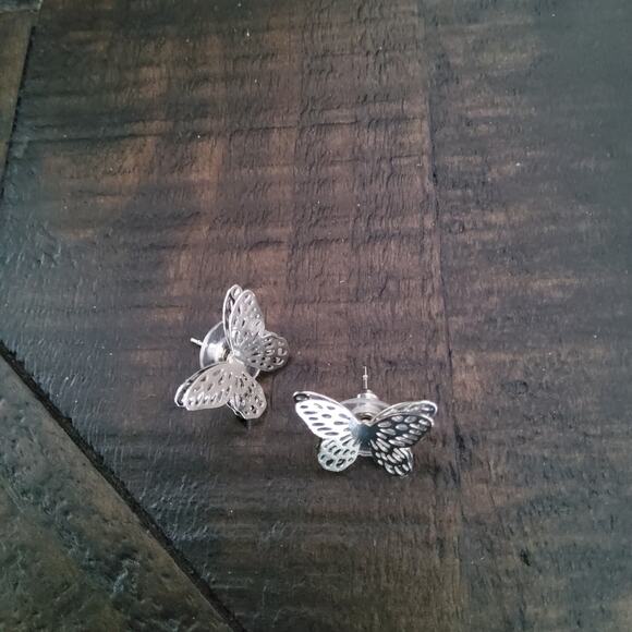 Women's Layered Double Butterfly Stud Earrings in Silver Tone - Picture 5 of 10